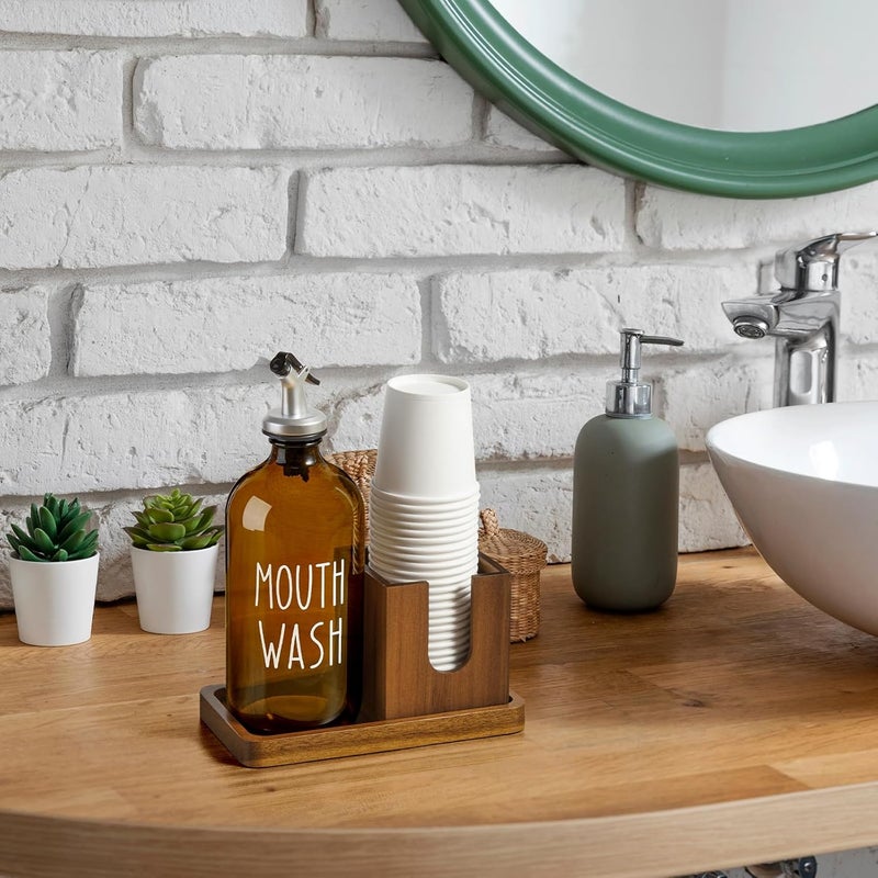 Bivvclaz Amber Glass Mouthwash Dispenser for Bathroom, 16 OZ Mouthwash Dispenser with Pour Spout and Acacia Wood Cup Holder and Tray, Mouth Wash Bottle Container for Kitchen Bathroom Decor and Accessories - Image 5
